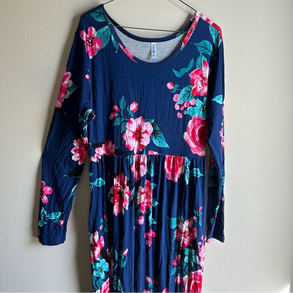 Blue Floral Maxi Dress Long Sleeve